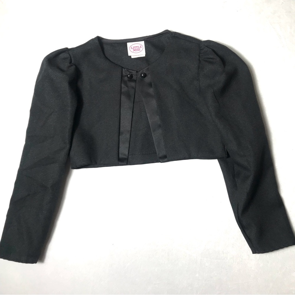 Little Miss Black Cropped Bolero Blazer with Satin Ribbon